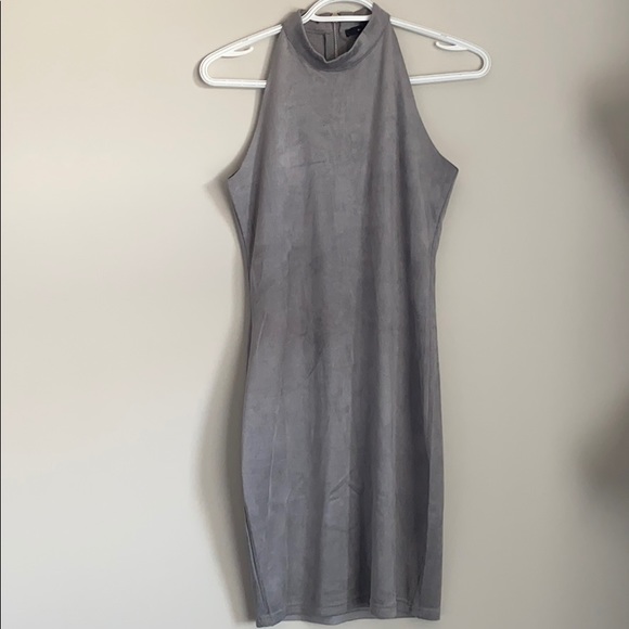 Grey Suede High Neck Fitted Dress - Picture 1 of 3